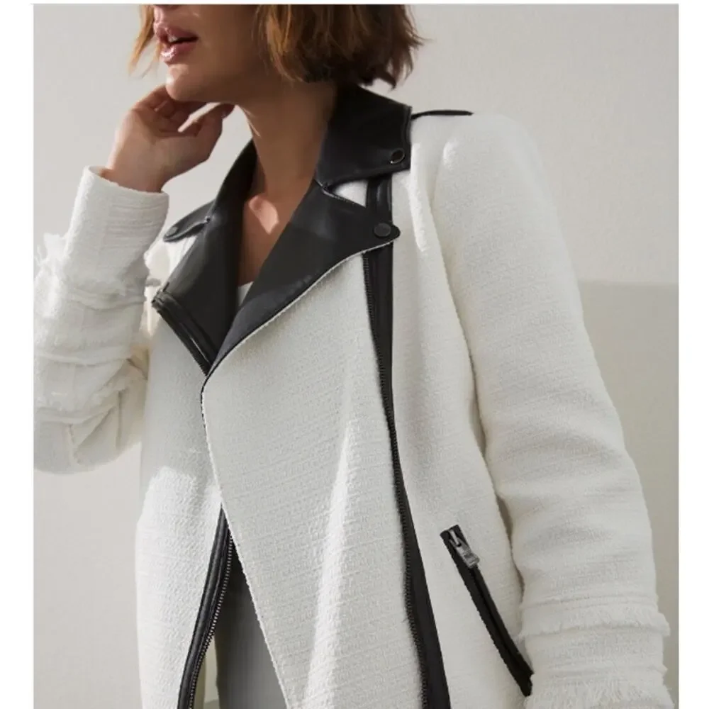 CHICO'S Tweed and Faux Leather Moto Jacket Asymmetric Full Zip White Black Large